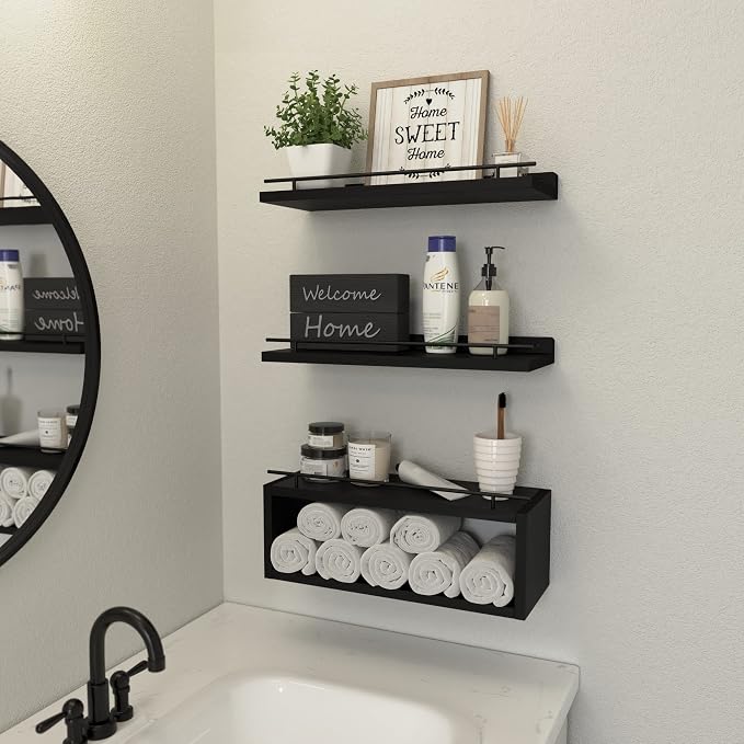 Floating Shelves for Wall with Cube Shelf, Wall Shelves with Metal Rail for Bathroom Decor, Bathroom Organizers and Storage, Over Toilet Shelves for Toilet Paper-Black