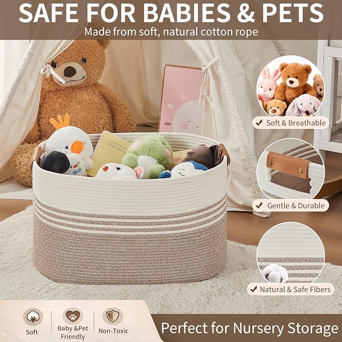 DOFASAYI Laundry Hamper with Handles, 72L Rope Laundry Basket, Light Brown | Cotton rope clothes hamper with leather handles holds blankets, pillows, toys and laundry in nursery, bedroom or living room