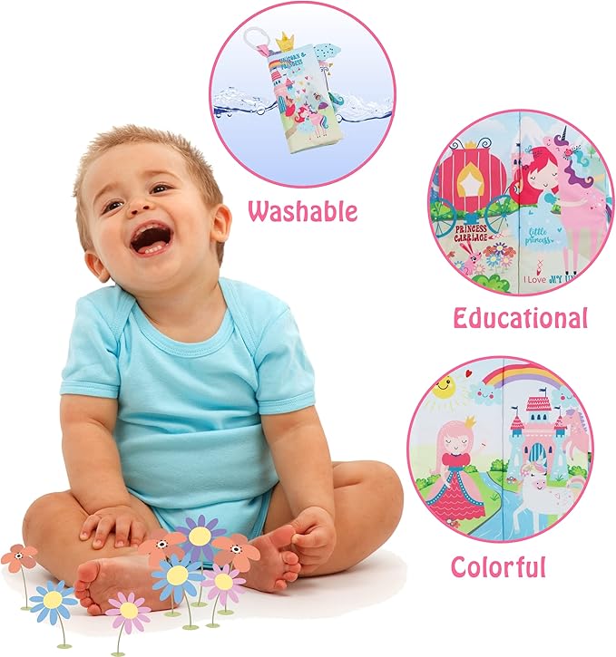 bebe mondo Unicorn Baby Books 0-6 Months Toys 6 to 12 Months, Touch Feel Cloth Crinkle Books for Babies,Infants, Soft Sensory Stroller Toys, Christmas Baby Gifts Shower Items, Chweing Book (Princess)