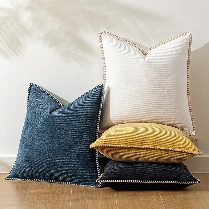 a moment Pack of 2 Decorative Chenille Throw Pillow Covers with Twill Cushion Covers for Sofa Living Room Couch Bed 24x24 Inch,Crafted Border Blue
