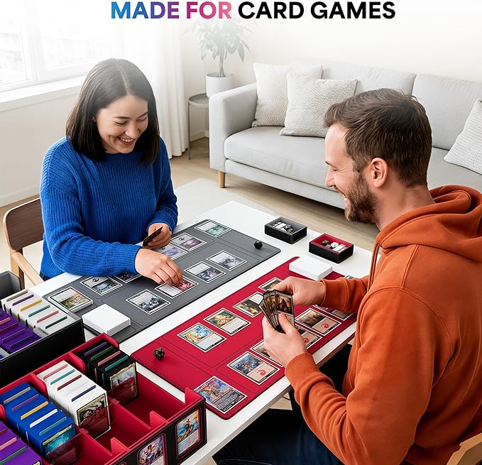 UAONO Trading Card Storage Box with Commander Display;3900+ Card Box for MTG, Removable Cover; 5 Row Case fits MTG TCG Sports Cards 48 Dividers,5 Stoppers,5 Top Loaders,1 Dice Box(Black, Red)