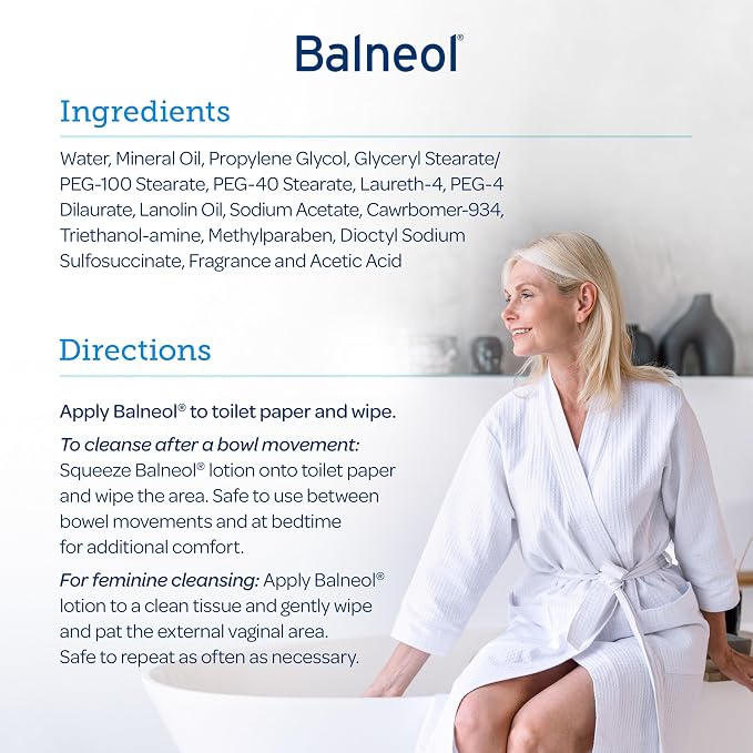 BALNEOL Cleansing Lotion, Cleans, Soothes & Moisturizes, Relieves Anal & Vaginal Irritation & Itching, Non-Greasy, Safe for Pregnancy, Post-Partum, Diarrhea & Hemorrhoids, 3oz, Pack of 1