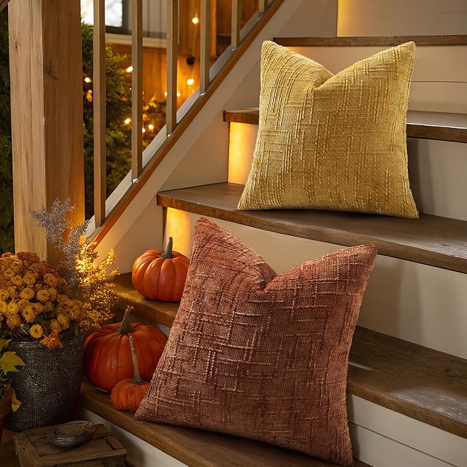 decorUhome Textured Chenille Throw Pillow Covers 26x26 Set of 2 Rust | Fall Modern Farmhouse Soft Cozy Slubby Couch Pillow Cases Boho Decorative Pillow Cases for Bed Sofa Living Room Home Decor