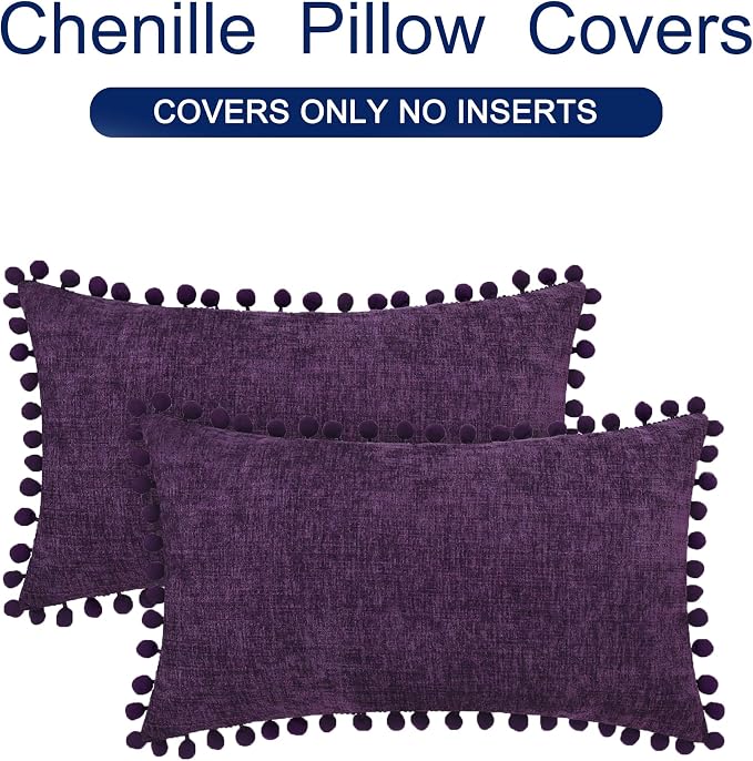 CaliTime Decorative Couch Throw Pillow Covers 20 X 12 Inches Plum Purple | Pack of 2, Cozy Chenille Cushion Cases, with Pom Poms for Sofa Bed Living Room Farmhouse Home