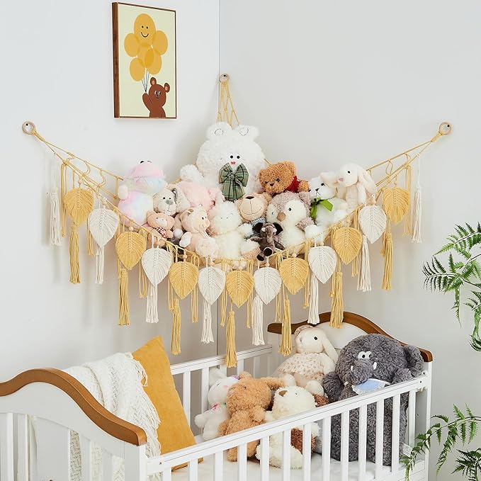Pretty Jolly Stuffed Animal Storage with Hand Woven Leaf Tassels Hammock Corner Hanging Net Boho Macrame Plush Storage for Kid Room Nursery Decor Wall Display Organizer for Girls Boy Gift(Yellow)