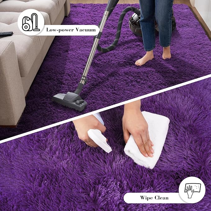 Purple Fluffy Rug Shag Area Rug, 3x5 Area Rugs for Girls Bedroom, Soft Play Mat, Indoor Floor Carpet for Teen, Preppy Dorm, Plush Aesthetic Bedside Rug