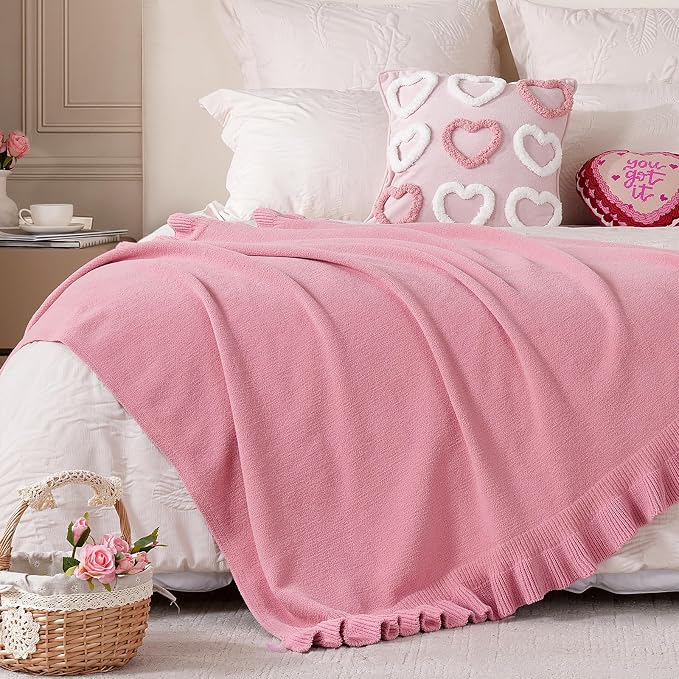 Ultra Soft Ruffle Knit Chenille Throw Blanket for Couch & Bed, Cozy Flowers Blankets for Home Decor, Gifts for Women Mom Sister on Mother's Day Valentine's Day Birthday, 50"x60", Pink