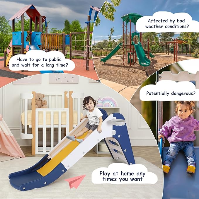 Arlopu Freestanding Kids Slide, Toddler Slide Climber with Basketball Hoop & Ball, Baby Playset w/Long Slope, for Boys and Girls Birthday, Sturdy Playground Toy for Indoor Outdoor Age 3+ (Dark Blue)