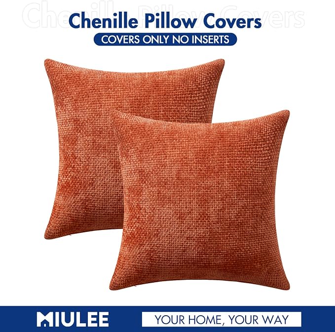 MIULEE Fall Decorative Couch Throw Pillow Covers 20x20 Burnt Orange 2 Pack | Modern Boho Accent, Soft Chenille Pillow Covers, Farmhouse Cushion Cases for Home Decor Bed Sofa Living Room
