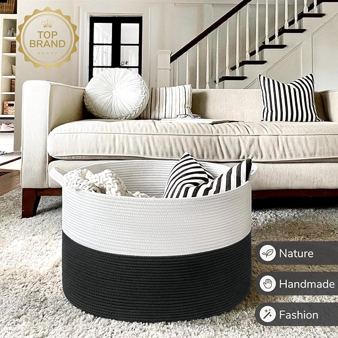 INDRESSME XXXLarge Woven Rope Blanket Basket Living Room White Black, 90L | 21.7" x 13.8" Storage baskets for toys laundry & pillows. Fits living room, bedroom or nursery décor. Soft-touch with handles