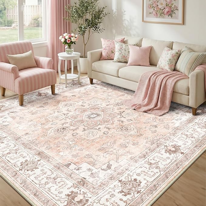 CAPALOCA Square 8ft Washable Nursery Girls Low Pile Area Rug Pink | Non-Slip Soft Rugs for Bedroom Kids Playroom Living Room, Print Pattern Water Repellent Carpet Indoor Decor