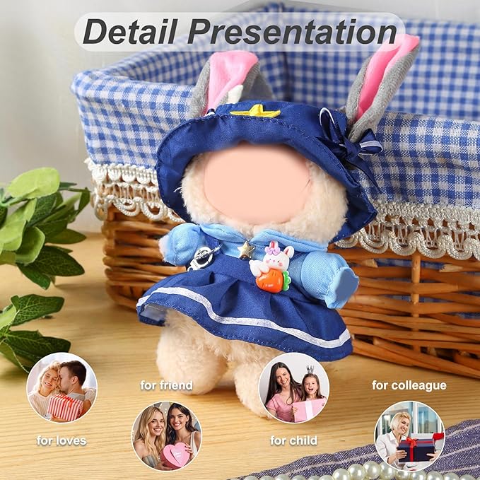 17cm Doll Clothes Set (No Doll) – Outfit with Hat & Overalls, Handmade Accessories for Mini Dolls, OB11-Compatible Dress-Up Gift (Rabbit Officer)