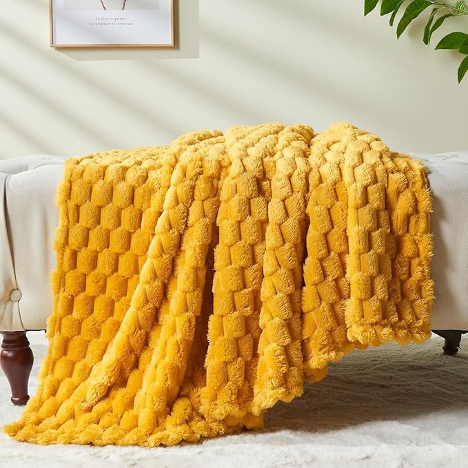 NEWCOSPLAY Super Soft King Blanket Mustard Yellow Premium Silky Flannel Fleece 3D Clouds Stylish Jacquard Lightweight Bed Blanket All Season Use 350GSM (Mustard Yellow, King(90"x110"))