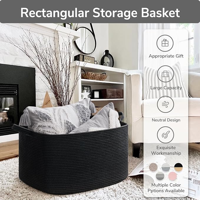 Goodpick Large Woven Rope Blanket Basket, Rectangle, Black, 75L | 21.6'' x 14.9'' x 11.8'' Storage Basket for Blankets, Toys & Pillows, Living Room & Bedroom Organization, Reinforced Handles