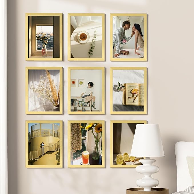 Vittanly 9x12 Picture Frames Set of 9 for Wall or Tabletop Display, Gold | Display Pictures 6x8 with Mat or 9x12 without Mat, Engineered Wood with Shatter Resistant Plexiglass, Gallery Photo Frames