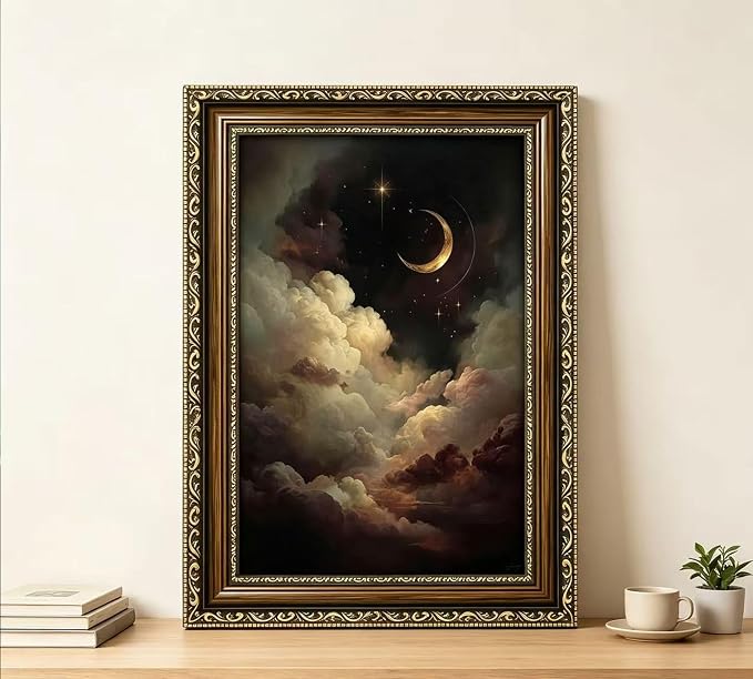 Vintage Gold Framed Crescent Moon Cloud Wall Art, Dark Academia Celestial Starry Sky Oil Painting Print, Antique Ornate Mystical Night Sky Wall Decor, Gothic Cottagecore Home Decor, 12x16in