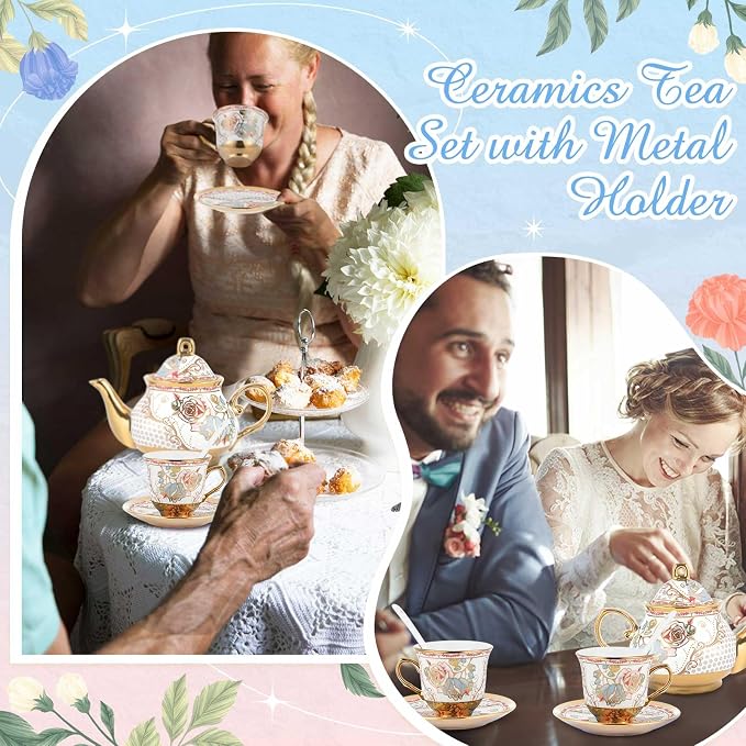 Zhehao 20 Pcs Porcelain Tea Set with Metal Holder and Spoon Adult Ceramic Tea Set European Flower Painting Teapot Cup Saucer Spoon for Women Mom Gift, Large Version (Minimalist Style)
