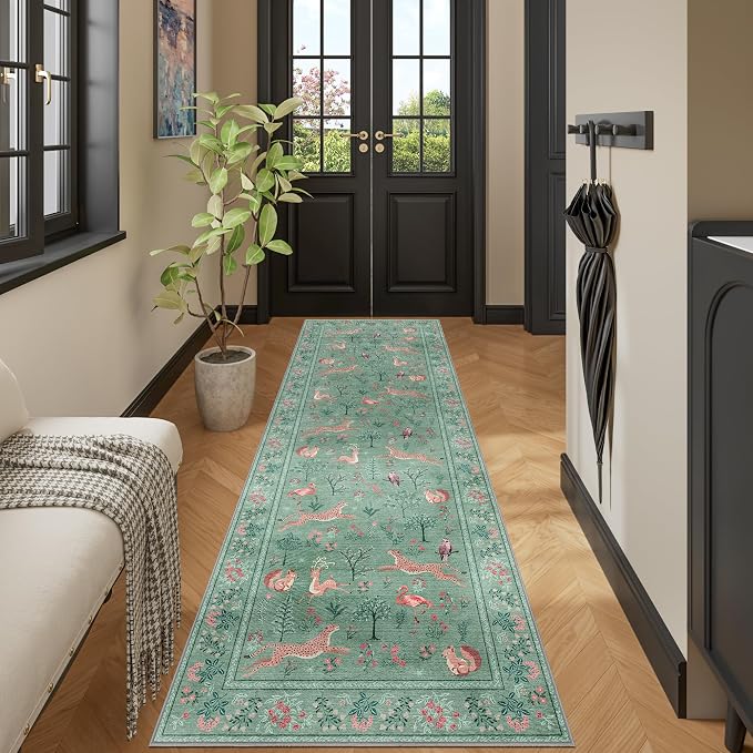 DUKINO 2.6x8 Rug for Hallway, Washable Kitchen Runner Rug Non Slip, Teal | Low Pile, Stain Resistant, Soft Animal Indoor Carpet Runner for Entryway, Bedroom, Bathroom, Laundry, Lightweight, Home Decor
