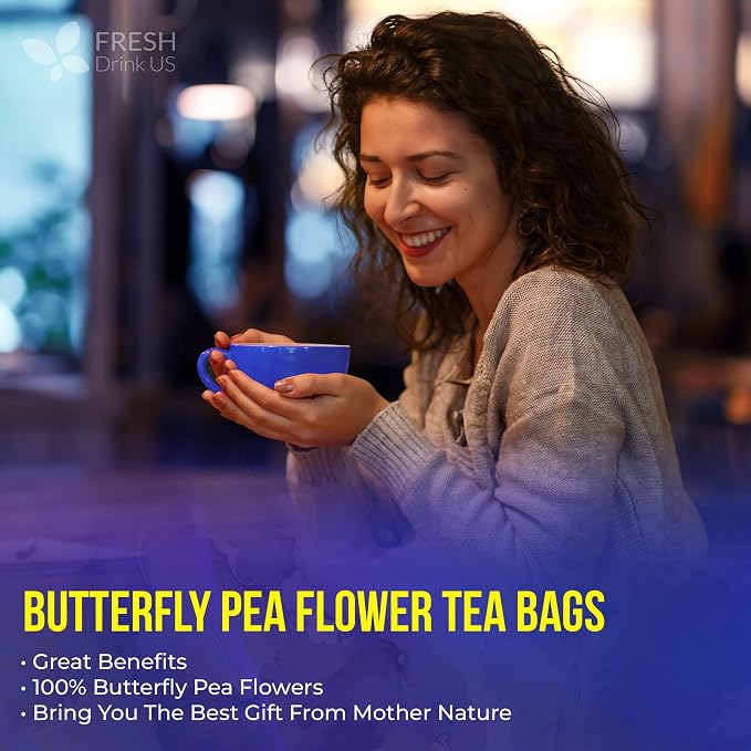 FreshDrinkUS, Premium 150 Butterfly Pea Flower Tea Bags, 100% Natural & Pure, Herbal Tea, Daily Infusion Botanical, No Sugar, No Caffeine, No Gluten, Vegan. Rich in Antioxidants