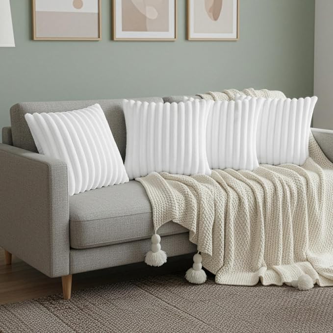 White Throw Pillow Covers 18 x 18 Set of 4, Cute Boho Throw Pillow Cover for Couch/Bed, Decorative Pillows Covers for Sofa/Bed, Accent Pillow Covers for Living Room, Rustic/Home/Room Decor