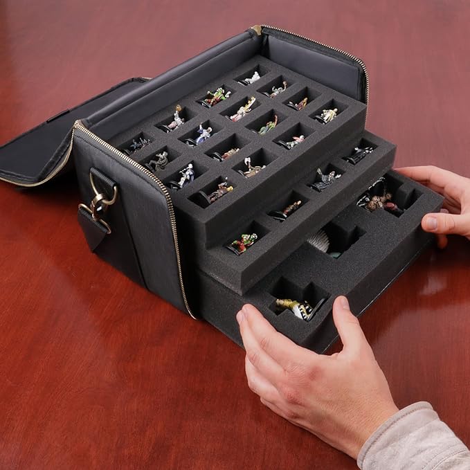 ENHANCE Miniature Figure Satchel - Compact Storage & Carrying Case for DnD Miniatures with Strap, 3 Foam Trays (2 Pre-Cut and 1 Pick & Pluck Tray) - Fits 20mm to 25mm Figures (Small - Standard Base)