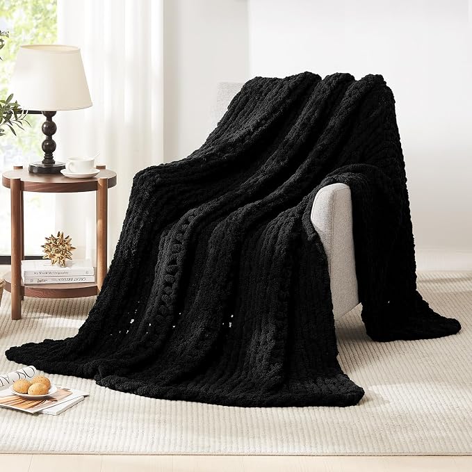 L'AGRATY Chunky Knit Throw Blanket for Couch, 50'' x 60'' Knit Throw, Black | Handmade Chenille Crochet Blanket for Sofa Bed, Thick Cable Knitted Blankets for Room Home Decor, Birthday Gift for Women Mom