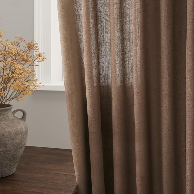 Nanspring Caramel Brown Linen Curtains for Living Room 105 Inches Long Back Tab Light Filtering Semi Sheer Vintage Rustic Curtain Luxury Boho Decor Drapes for Bedroom Office 52x105, 2 Panels