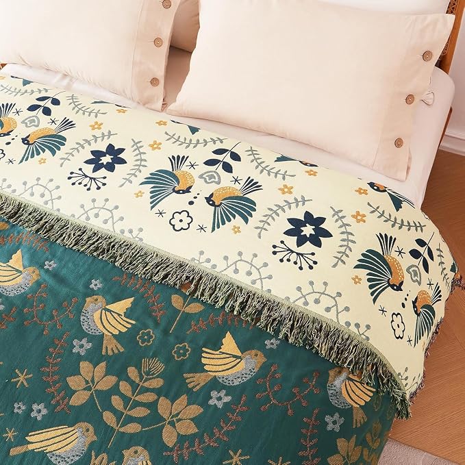 LUTBM Queen Throw Blanket for Bed, 100% Cotton Boho Soft Quilt Room Decor | Reversible Floral Bird Jacquard, 90"x90" All-Season Bedspread, For Chair Sofa Couch Bedroom, Lightweight Breathable Gauze