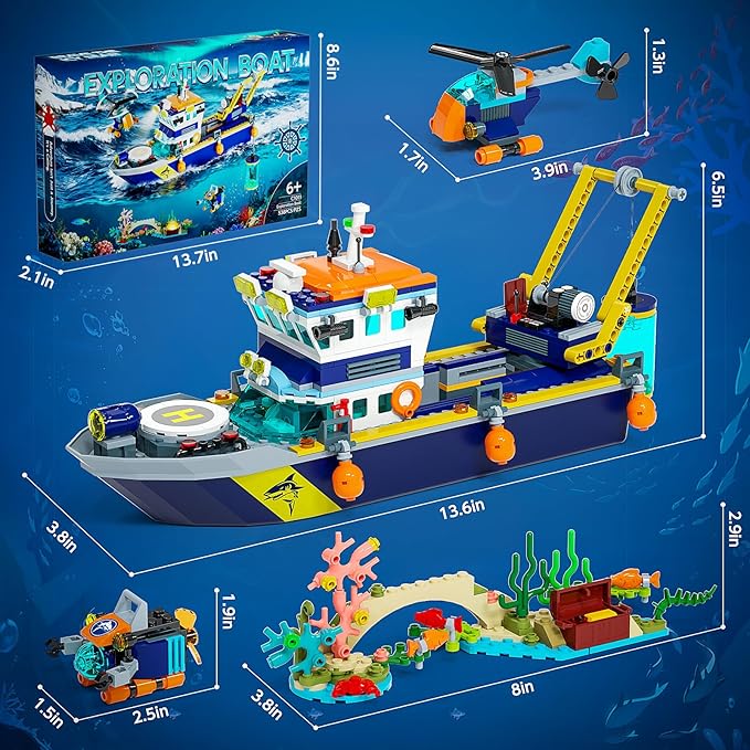 City Floatable Boat Building Set with LED Light, Fun Toy Gift for Kids Boys Girls 6 7 8 9 10+, Compatible with Lego Ocean Arctic Explorer Ship Building Block Kit, Christmas Decoration Party Favor