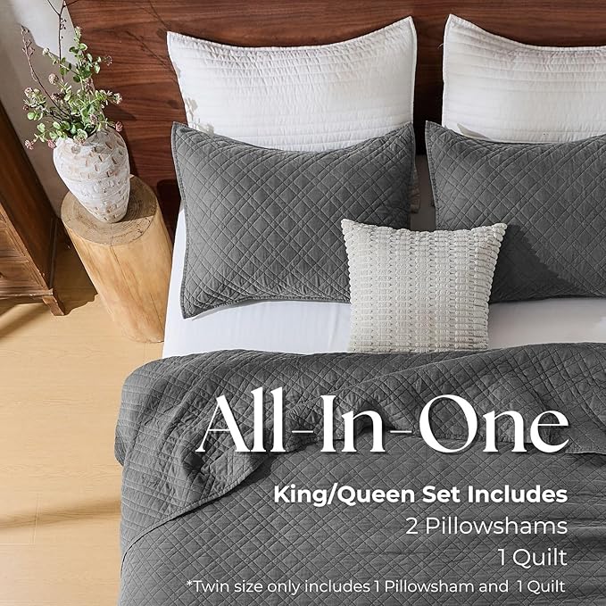 King Quilt Set with Shams Lightweight Quilted Bedspread Coverlet Thin Comforter Bed Cover Vintage Washed Quilted Blanket for All Season, Brushed Microfiber Diamond Stitching, Ash Gray, 104"x92"