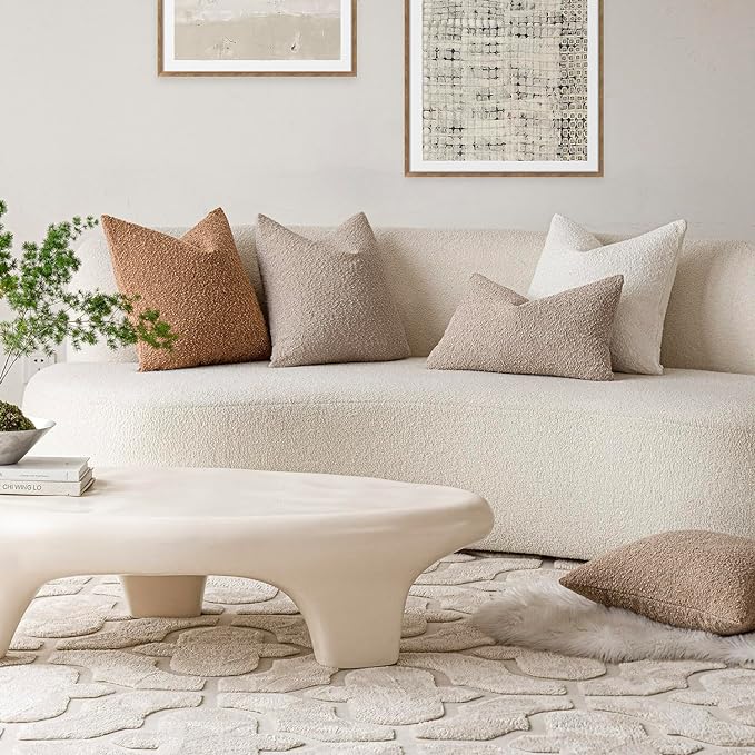Foindtower Set of 2, Decorative Textured Boucle Throw Pillow Covers Accent Solid Pillow Cases Neutral Soft Cozy Couch Cushion Case for Chair Sofa Bedroom Living Room Home Decor 16 x 16 Inch,Oatmeal