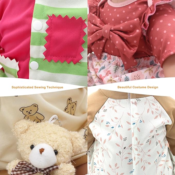DC-BEAUTIFUL 12 Pcs Doll Clothes Set Fit 22 Inch Reborn Baby Dolls, 4 Complete Set Outfits Accessories Includes Rompers Headband Socks Bib Hat and Toy Bear for Girls Birthday