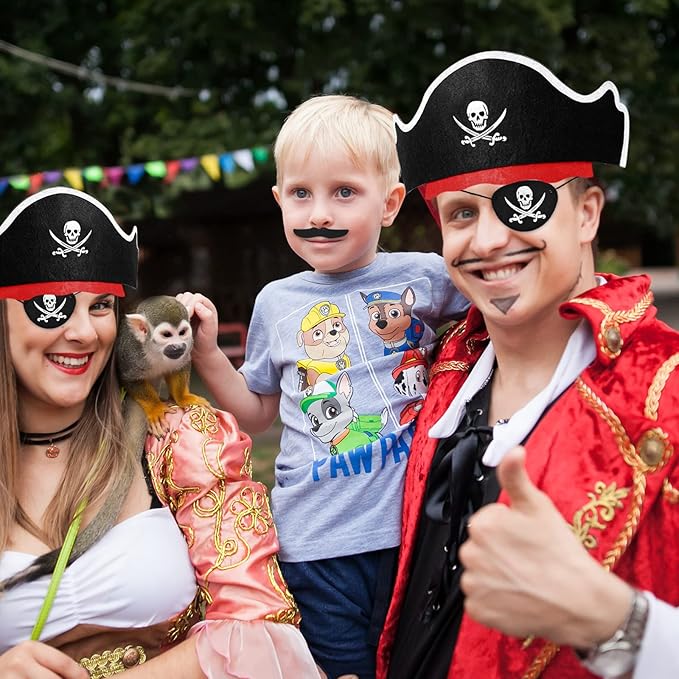 Halatool 12 Set Pirate Accessories for Kids, Include 12 Felt Pirates Hats with 12 Eye Patches and 12 Mustaches, Pirate Costume Accessories for Halloween, Masquerade, Cosplay, Party Favors Decor