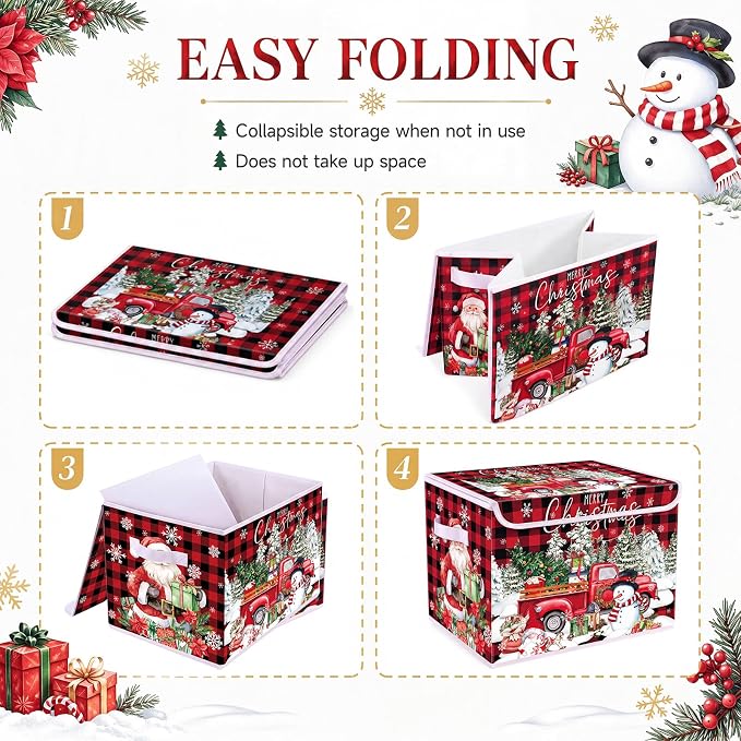 Briwooody Christmas Storage Bin with Lid and Carrying Handle Red Buffalo Plaid Christmas Foldable Storage Box Large Snowman Collapsible Container Basket for Organizing Closet Home Bedroom Xmas Gift