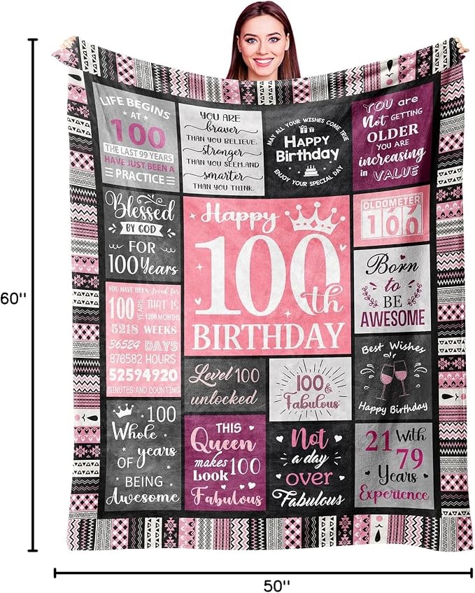 Ivivis 100th Birthday Gifts for Women Blanket 60”x50”, 100th Birthday Party Supplies Decorations, Happy 100th Birthday Gifts for 100 Year Old Woman, 1926 Gifts for 100th Birthday Women Mom Grandma
