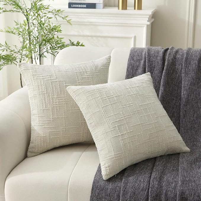 18" x 18" Decorative Throw Pillow with Inserts, Set of 2 Soft Modern Farmhouse Throw Pillows, Square Boho Pillow for Couch, Bed, Sofa Decor (White, 18" x 18"(Pack of 2))