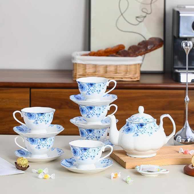 27oz Floral Porcelain Teapot with Blue Rose Pattern, Ceramic Small Teapot for Loose Leaf & Tea Bags, Dishwasher Safe, Classic Design for Daily Tea & Gift Giving