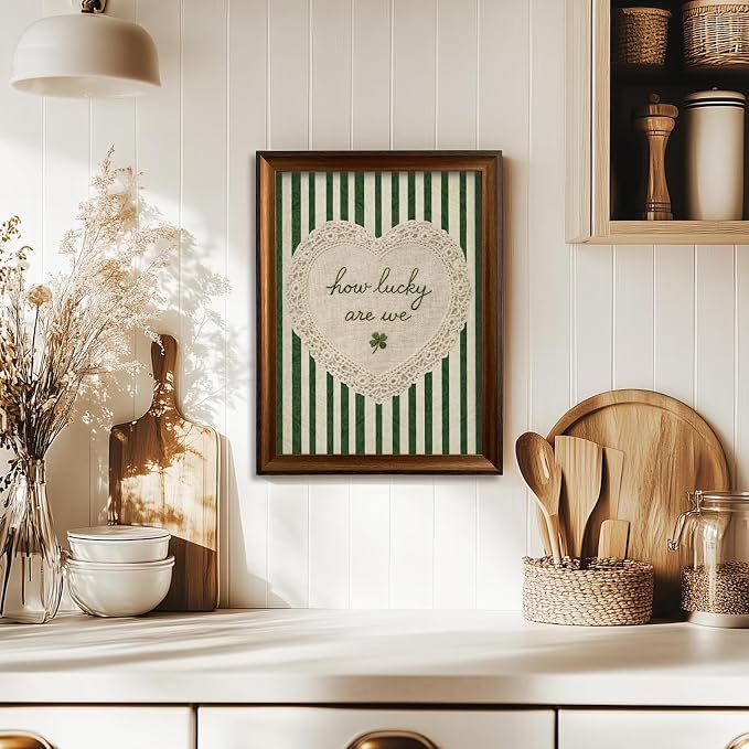 Framed How Lucky Are We Wall Art Vintage Inspirational Quotes Decor Print | Green Striped Lace Heart Aesthetic Painting Poster Trendy Preppy Canvas Picture for Bedroom Collage Ready to Hang 8x10in