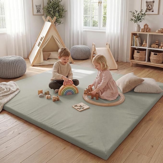 Huloo Sleep Baby Play Mat 65x50 Inches, 1.3" Thick Padded Waterproof Floor Cushion & Playpen Mat with Vegan Leather, Non-Slip & Non-Toxic Nursery Rug for Infants, Toddlers & Kids(Grey)