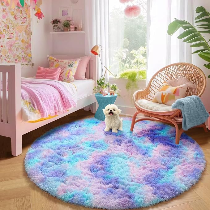 Amdrebio Purple Rainbow Round Rug 4Ft for Bedroom Girls Room Decor, Circular Mermaid Kids Rugs for Playroom Nursery Dorm, Fluffy Furry Cute Shag Carpet, Kawaii Circle Area Rugs for Baby Toddler Teen