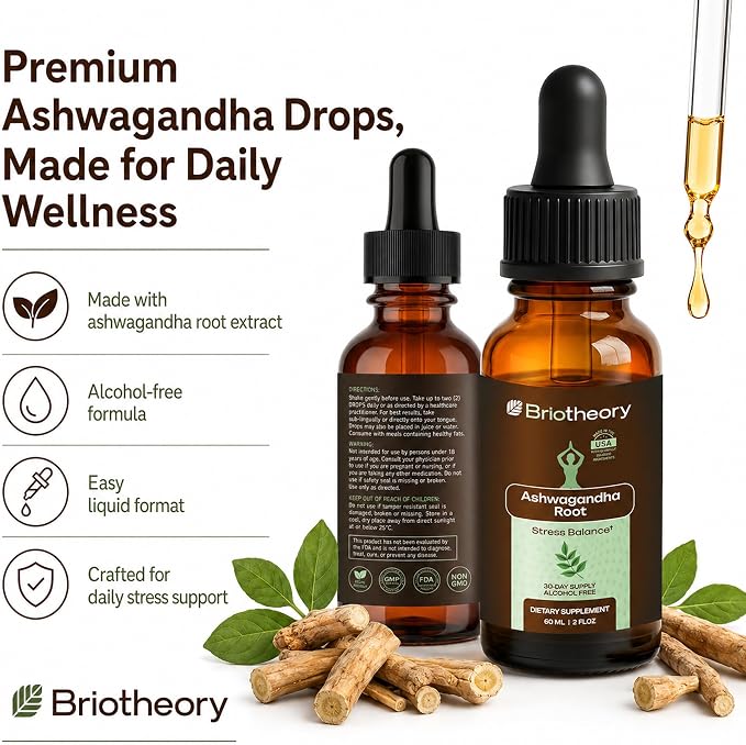Liquid Ashwagandha Drops | Ashwagandha Tincture Herbal Supplement for Stress Relief, Sleep Support & Energy | Alcohol-Free, Vegan, Non-GMO – 60ml (30 Days Supply)