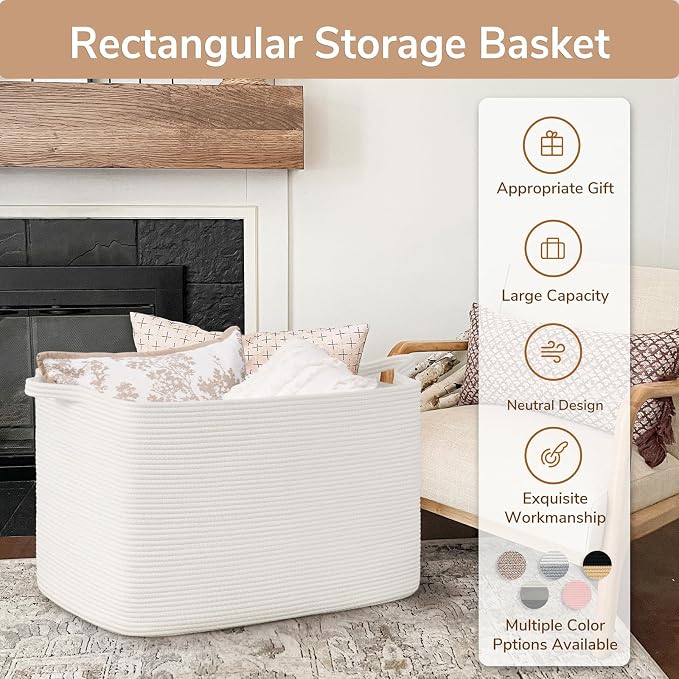 Goodpick 105L Extra Large Woven Rope Blanket Basket, Rectangle, White | 25'' x 16'' x 16'' Storage Basket for Blankets & Clothes, Living Room, Bedroom & Nursery Organization, Reinforced Handles
