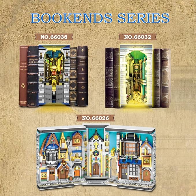 Medieval Architecture Book Nook Building Set with Light, European Century Street View Bookend, DIY Bookshelf Building Block Kit for Home Decor, House Model for Adults Kids Boys Girls Age 8+