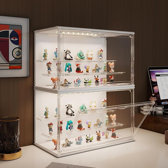 Clear Display Case for Collectibles, 3-Tier Adjustable Figure Display Case with LED Light, Stackable Acrylic Showcase with Magnetic Door for Model Figures, Jewelry & Collectibles (White)