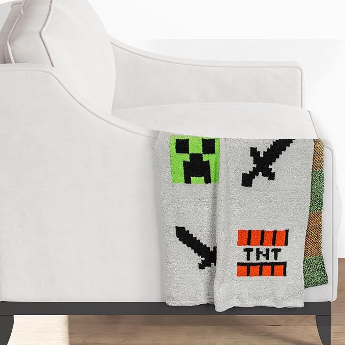 Minecraft Feather Knit Fluffy Throw Blanket - Creeper and Weapons Fuzzy Blanket Measures 50 x 60 Inch, Super Soft Lightweight Gamer Bedding