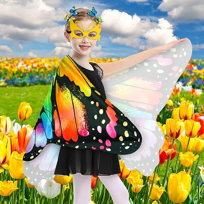 Kids Butterfly Wings Costume for Girls Fairy-Wings Mask Party Favors Gifts (Rainbow sets)