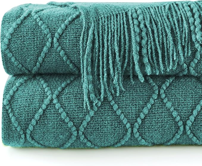 inhand Blue Knitted Throw Blanket for Couch and Bed, 50"x60" | Soft Cozy Knit Blanket with Tassel, Lightweight Decorative Blankets and Throws, Farmhouse Warm Woven for Men and Women