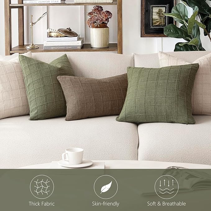 Foindtower Set of 2 Decorative Linen Check Throw Pillow Covers Neutral Farmhouse Vintage Cushion Covers Modern Boho Home Decor for Sofa Chair Couch Bedroom Living Room,16×16 Inch,Sage Green