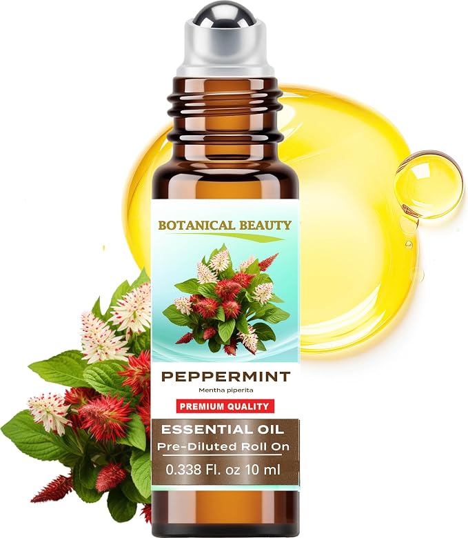 Botanical Beauty Peppermint Essential Oil Roll On 0.33 Fl Oz 10 ml for Cooling, Soothing, Calming, Boosting in 100% Pure Organic MCT Coconut Oil. for Skin, Hair, Aromatherapy, Travel.