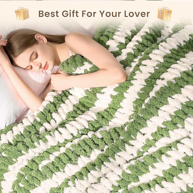 L'AGRATY Chunky Knit Throw Blanket for Couch, 50 x 60 Inches, Green White | Handmade Chenille Crochet Blanket for Sofa Bed, Thick Cable Knitted Blankets for Room Home Decor, Birthday Gift for Women Mom